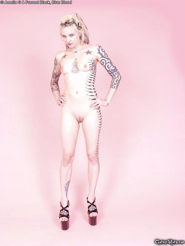 Tattooed blonde Voltaire Blue doffs a top hat while getting naked in heels  - Tattoo, Fetish, Upskirt, Skirt, High Heels, Ass, PAWG, Panties, Tiny Tits, Babe  - Photo 14