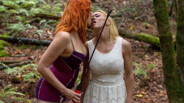 Redhead Dominatrix subjects blonde girl Dee Williams to cattle prod in woods  - Bondage, MILF, BDSM, Outdoor, Blonde, Non Nude  - Photo 11