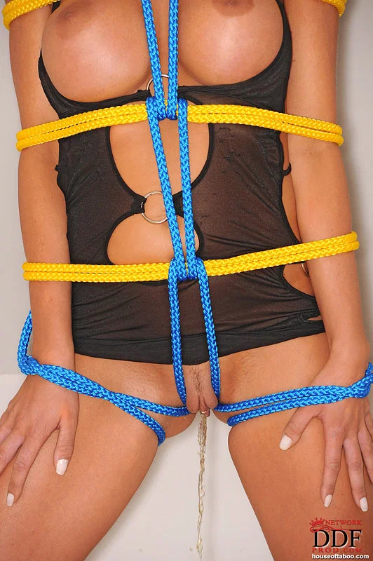 British redhead Ava Blue is tied up with rope in a revealing dress  - MILF, BDSM, Bondage, Big Tits, Redhead, Clothed, British, Skirt, High Heels, Pissing  - Photo 12