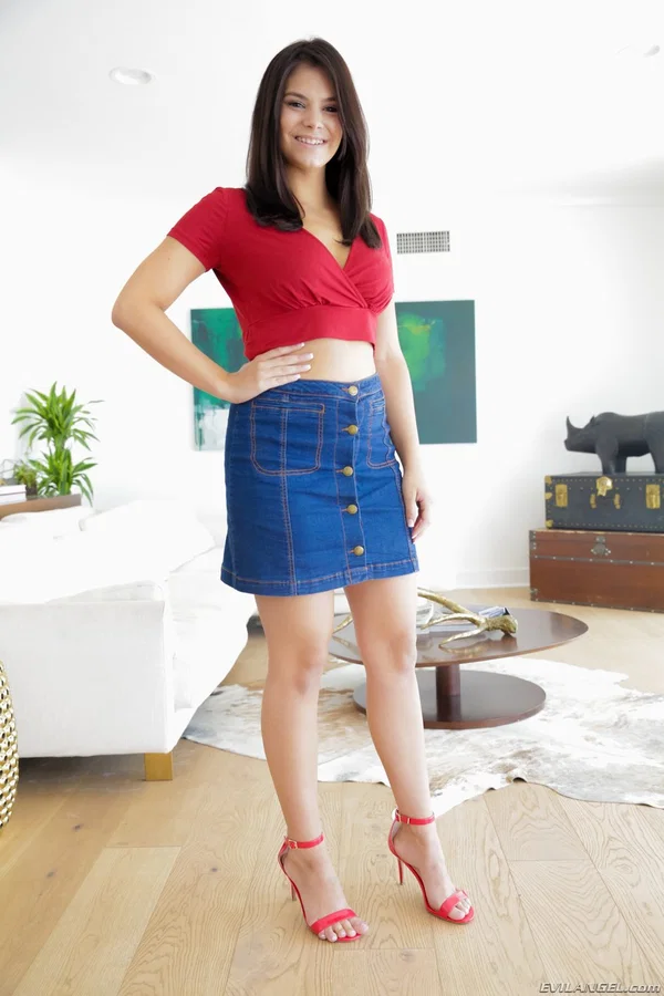 Brunette Latina Violet Starr stripping off denim skirt to pose naked  - Brunette, Latina, Babe, Shaved, Panties, Spreading, Ass, Teen, Clothed, Lingerie  - Photo 1