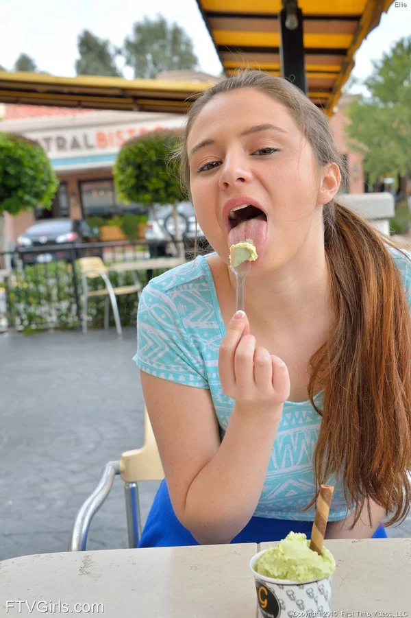 Shady chick Ellie in blue flashes gorgeous breasts on the terrace of cafe  - Teen, Public, Pretty, Cute, Amateur, Outdoor, Glamour, Upskirt, Solo, Natural Tits  - Photo 1