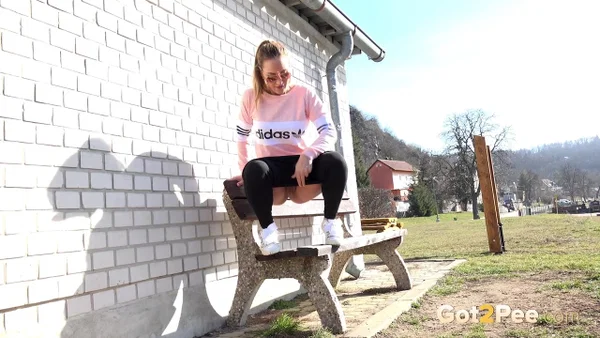 Solo girl Naomi Bennet pisses on a public bench in the middle of the day  - Pissing, Public, Czech, Pussy, Glasses, Outdoor, Blonde, Spreading, Close Up, Babe  - Photo 3