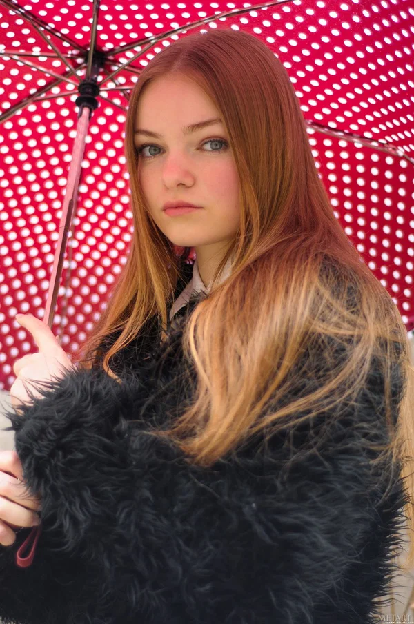 Young redhead Bridgit A takes off a coat and shiny lingerie to pose nude  - Petite, Teen, Cute, Beautiful, Redhead, Solo, Sexy, Skinny, Pussy, Model  - Photo 1