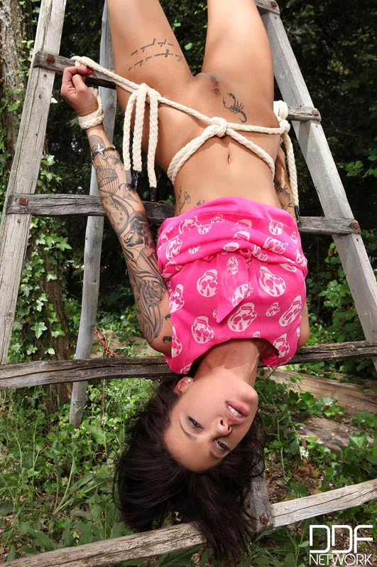 Tattooed girl Nikita Bellucci is tied to a ladder before being forced into sex  - BDSM, Bondage, Outdoor, MILF, Reality, Clothed, Hardcore, Skirt, Blowjob, Dildo  - Photo 4