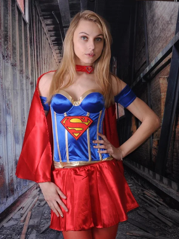 Beautiful amateur babe Chloe posing dressed as a Superwoman in a solo  - Cosplay, Uniform, Clothed, Skirt, Stockings, Babe, Beautiful, Solo, Non Nude, Blonde  - Photo 17