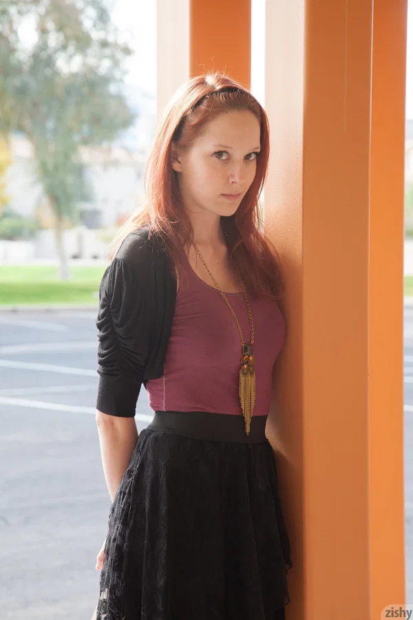 Shy teen Kimmy Diedrick flashes her purple panties in the hotel lobby  - Girlfriend, Natural Tits, Upskirt, Redhead, Outdoor, Armpit, Skirt, Non Nude, Teen, Petite  - Photo 1