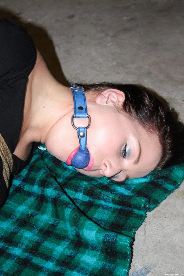 Clothed female lays on a blanket all tied up with ropes and ball gagged  - Bondage, Clothed, BDSM, High Heels, Babe, Schoolgirl, Brunette, Beautiful, Solo  - Photo 2