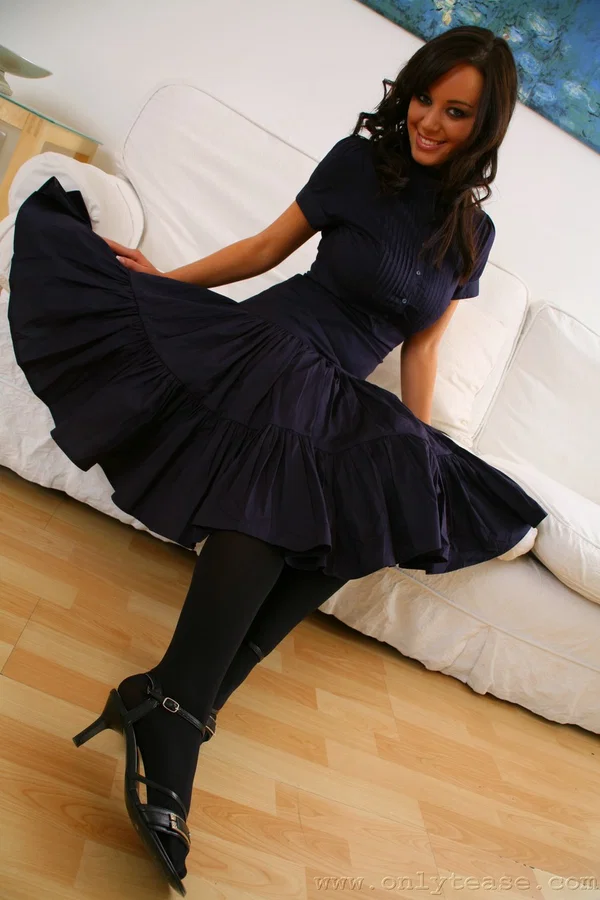 Solo girl Lindsey Strutt frees her firm tits from a navy dress in black stocking  - Dress, Clothed, Petite, Stockings, Skirt, Legs, PAWG, Nipples, Panties, Natural Tits  - Photo 3