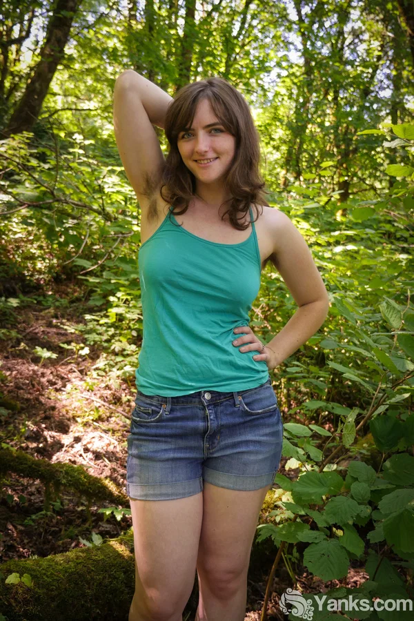 Amateur chick uncovers big naturals before playing with her beaver in woods  - Outdoor, Amateur, Hairy, Masturbation, Shorts, Babe, Pussy, Clothed, Natural Tits, Spreading  - Photo 1