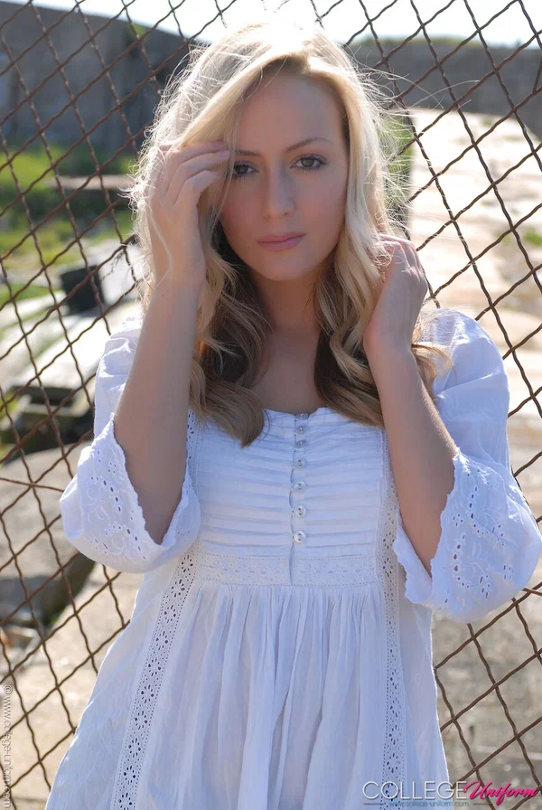 Cute blonde babe Alana Chase posing in her gorgeous outfit outdoors  - College, Schoolgirl, Uniform  - Photo 1