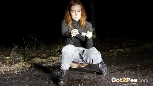Redheaded girl Nikky B takes a badly needed pee on a road at night  - Pissing, Public, Jeans, Outdoor, Close Up, Spreading, Pussy, Babe, Beautiful, Solo  - Photo 10