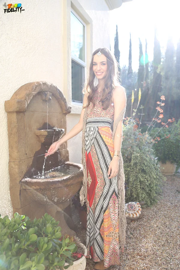 Bohemian brunette beauty Tali Dova poses in her hippy gown in the garden  - Clothed, Outdoor, Dress, Non Nude, Skirt, Beautiful, Brunette, Solo, Babe  - Photo 1