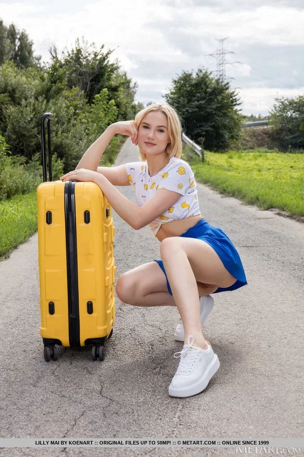 Blonde teen Lilly Mai gets naked over a suitcase on a rural road  - Short Hair, Upskirt, Pussy, Skirt, Outdoor, Shaved, Spreading, Natural Tits, Tiny Tits, Cute  - Photo 4