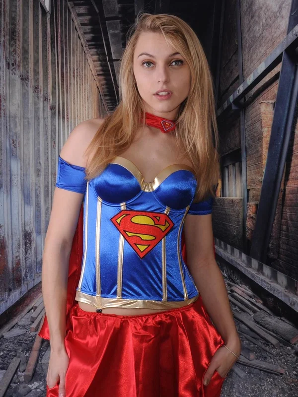 Beautiful amateur babe Chloe posing dressed as a Superwoman in a solo  - Cosplay, Uniform, Clothed, Skirt, Stockings, Babe, Beautiful, Solo, Non Nude, Blonde  - Photo 13