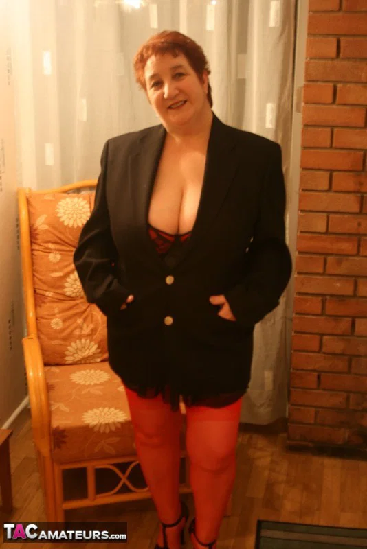 Mature redheaded BBW Kinky Carol releases her huge boobs from lingerie  - Mature, Chubby, Thick, Short Hair, Lingerie, Curvy, BBW, Stockings, Big Tits, High Heels  - Photo 2