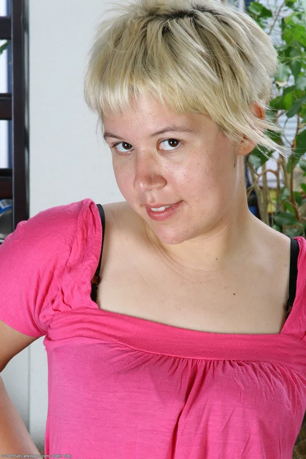 Amateur girl with short blonde hair spreads her full bush while naked  - Hairy, College, Short Hair, BBW, Curvy, Chubby, Amateur, Thick, Undressing, Armpit  - Photo 1