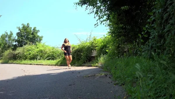 Blonde chick Jena Lovely takes a badly needed piss on a road during the day  - Pissing, Public, Outdoor, Close Up, Shorts, Beautiful, Solo, Babe, Non Nude, European  - Photo 2