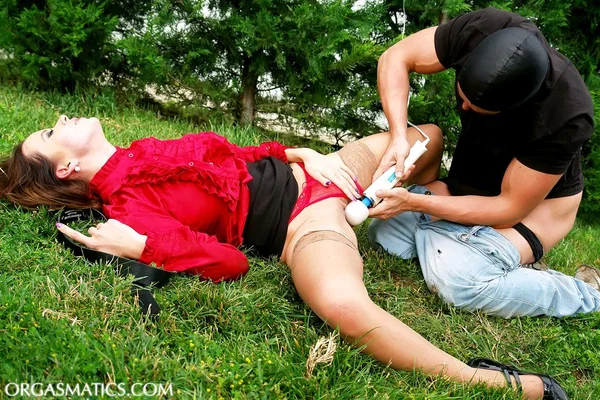Clothed chick wearing skirt and nylons masturbated by masked man on lawn  - Outdoor, MILF, Cum In Mouth, Clothed, Big Tits, Dildo, Stockings, Czech, Nipples, Cumshot  - Photo 9