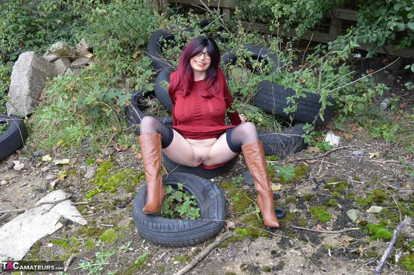 Horny mature Barby spreads ass in stockings & boots in naked outdoor upskirt  - Mature, Outdoor, Boots, Glasses, Amateur, Saggy Tits, Big Tits, Spreading, Ass, High Heels  - Photo 9