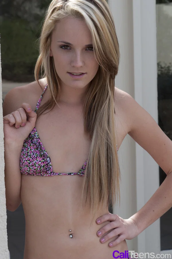 Young blonde Sara James plays with her hair after getting naked on a veranda  - Teen, Outdoor, Piercing, Blonde, Tiny Tits, Babe, Undressing, Natural Tits, Bikini, Panties  - Photo 1