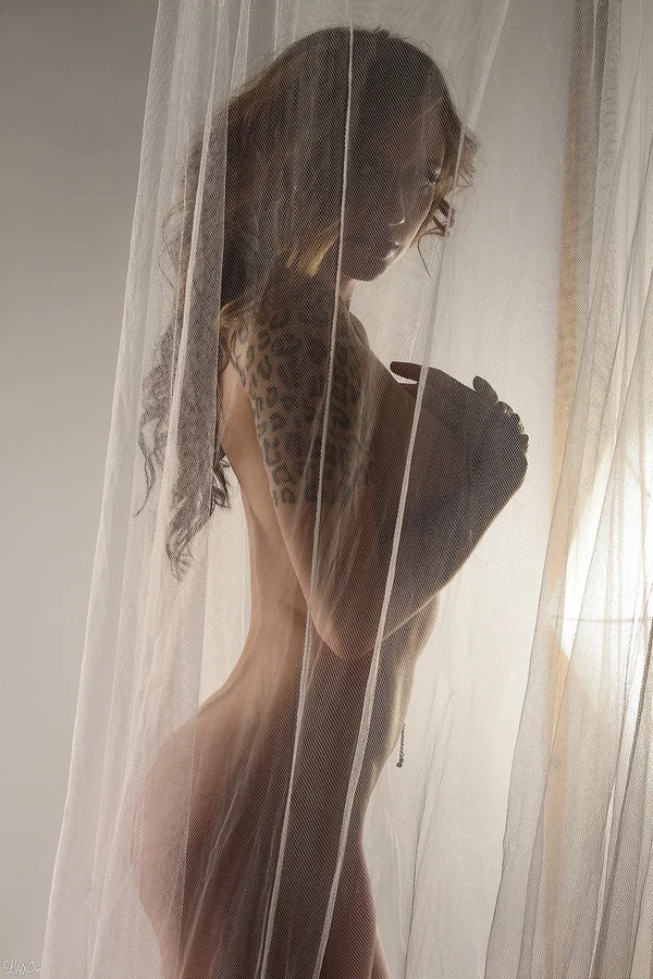Amateur model Lily Xo poses naked behind sheer curtains in high heels  - Amateur, Beautiful, Big Tits, Natural Tits, Ass, PAWG, Solo, Tattoo, Babe  - Photo 6