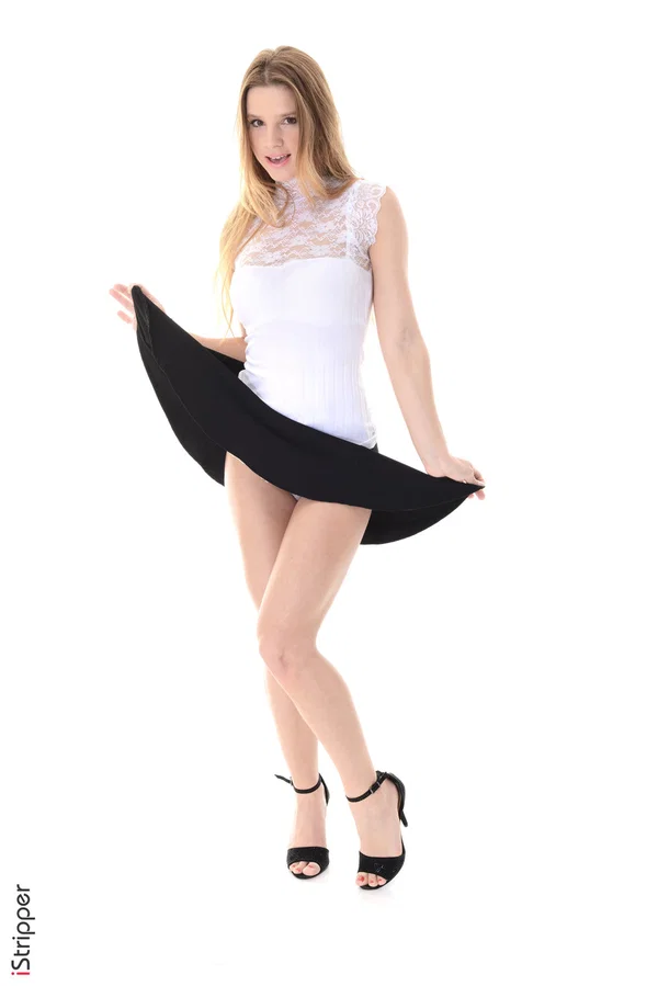 Leggy girl with long blonde hair Vanessa Mio strips to ankle strap heels  - European, Upskirt, Blonde, Panties, High Heels, Babe, Ass, Legs, Tiny Tits, Skirt  - Photo 2