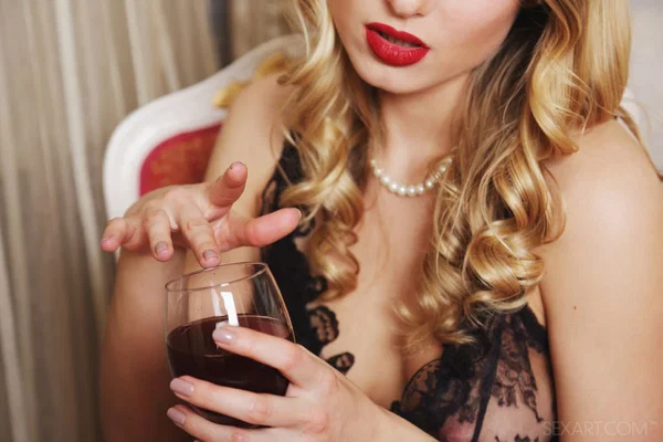 Hot blonde Lucy Heart sports red lips while slipping a finger in her vagina  - Teen, Babe, Masturbation, European, High Heels, Lingerie, Hairy, Glamour, Close Up, Big Tits  - Photo 2