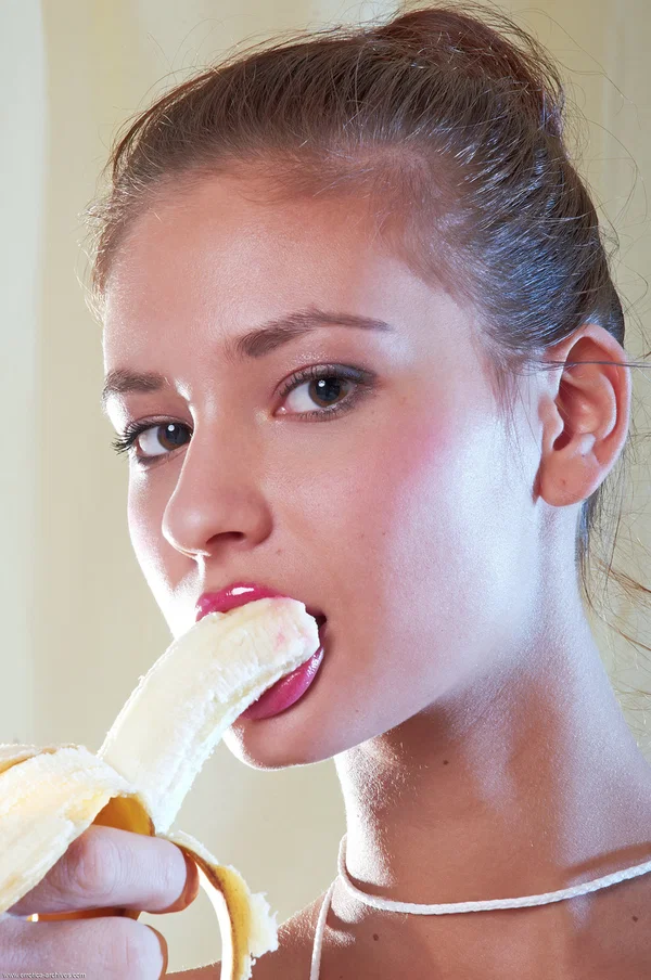 Beautiful teen is tied up with string while a man feeds her a banana  - Face, Nipples, Teen, Tiny Tits, Shaved, Spreading, Beautiful, Model, Glamour, Close Up  - Photo 18