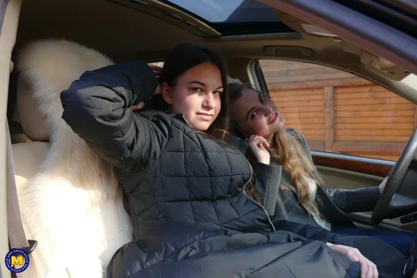 Long haired European lovers take a selfie in the car before lesbian sex action  - Selfie, Outdoor, Lesbian, Teen, Reality, Clothed, European, Amateur, Cute  - Photo 16