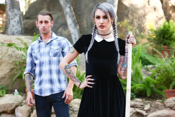 Tattooed goth girl Lady Luna in pigtails with pierced nipples sucking cock  - Tattoo, Fetish, Piercing, Clothed, Big Cock, Reality, Outdoor, Hardcore, Cowgirl, Skirt  - Photo 2