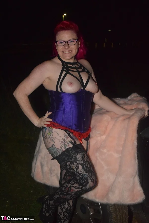 British redhead Mollie Foxxx models in glasses during a solo performance  - Stockings, Amateur, MILF, Glasses, Redhead, Lingerie, Outdoor, High Heels, Tattoo, Ass  - Photo 6