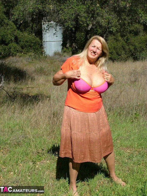 Old amateur Adonna bares her big tits and bald cunt with the sun in her eyes  - Mature, BBW, Outdoor, Big Tits, Thick, Chubby, Curvy, Skirt, Pantyhose, Lingerie  - Photo 4