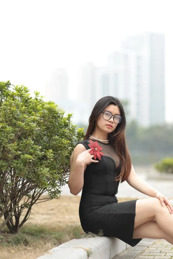Smoking hot Asian babe Natalia posing in her tight black dress outside  - Asian, Glasses, Skirt, Clothed, Outdoor, Amateur, Babe, Beautiful, Solo, Brunette  - Photo 17