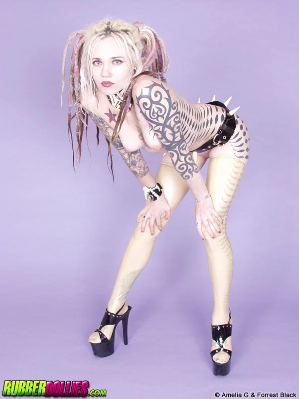 Tattooed blonde Voltaire Blue models naked in a spiky belt and heels  - Latex, Tattoo, Fetish, Babe, Blonde, Beautiful, Solo, Tiny Tits, High Heels, Pigtails  - Photo 8