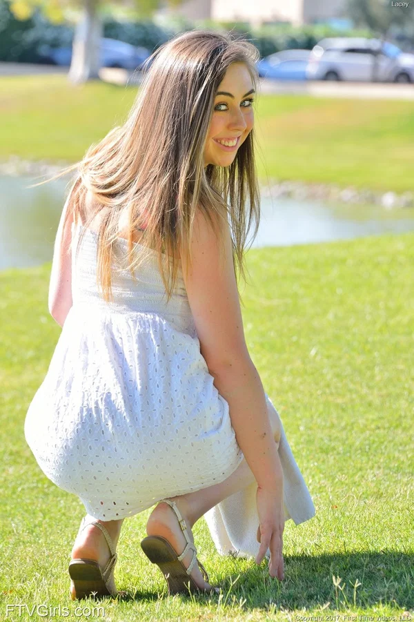 Sweet teen with lusty eyes Lacey flashes her cunt while posing in the park  - Public, Sandals, Face, Teen, Skirt, Pussy, Shaved, Amateur, Model, Outdoor  - Photo 7