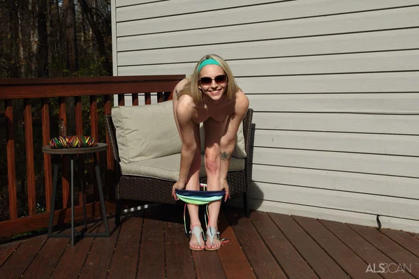 Blonde teen Lily Larimar eats a banana during vaginal insertions on a deck  - Glasses, Amateur, Shorts, Pussy, Blonde, Spreading, Outdoor, Masturbation, Shaved, Teen  - Photo 10