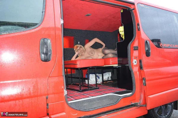 Mature blonde Barby Slut exposes herself inside a camper while in the city  - Amateur, MILF, Stockings, Outdoor, Blonde, Spreading, High Heels, Legs, Big Tits, Natural Tits  - Photo 13