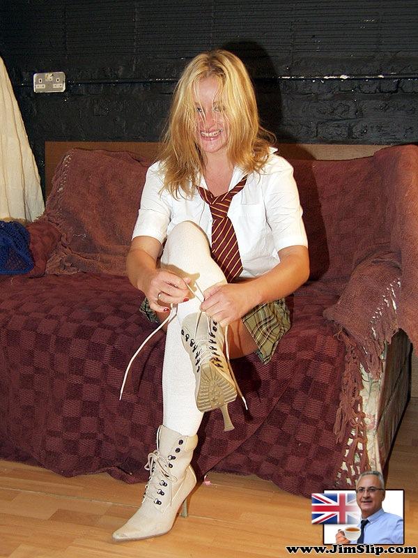 Blonde Sammi White poses pantyless in a schoolgirl outfit & touches her pussy  - Old Man, Amateur, British, European  - Photo 2
