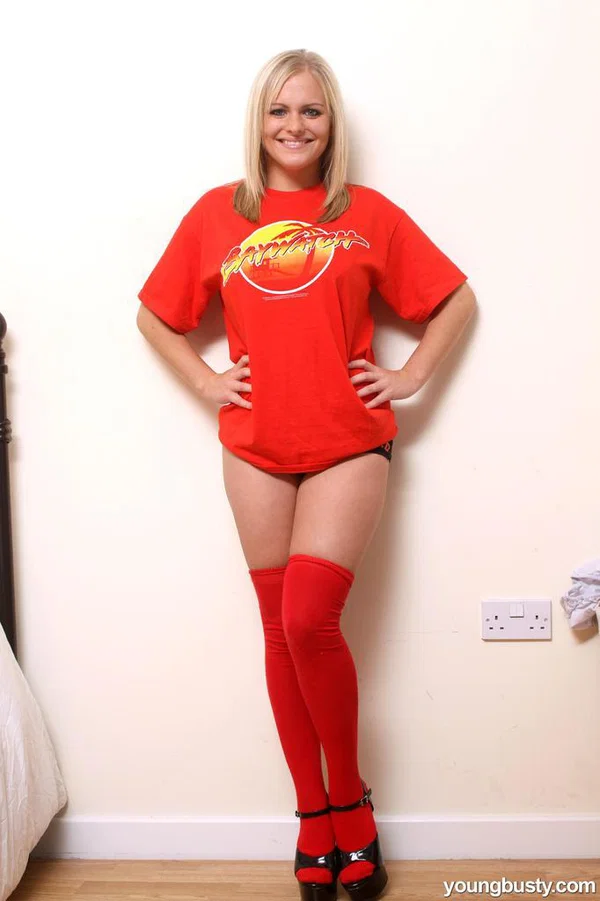 Young blonde plumper plays with her big natural boobs in thigh high socks  - BBW, Big Tits, Teen, Thick, Blonde, Curvy, Chubby, Lingerie, Stockings, Panties  - Photo 1
