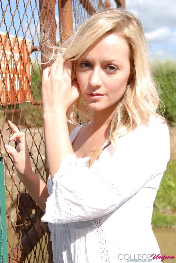 Cute blonde babe Alana Chase posing in her gorgeous outfit outdoors  - College, Schoolgirl, Uniform  - Photo 14