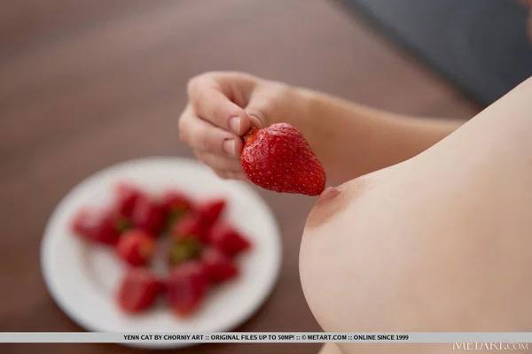 Young girl Yenn Cat gets totally naked while eating strawberries in a kitchen  - Teen, Natural Tits, Cute, Kitchen, Skirt, Tiny Tits, Clothed, Pussy, Glamour, Beautiful  - Photo 5