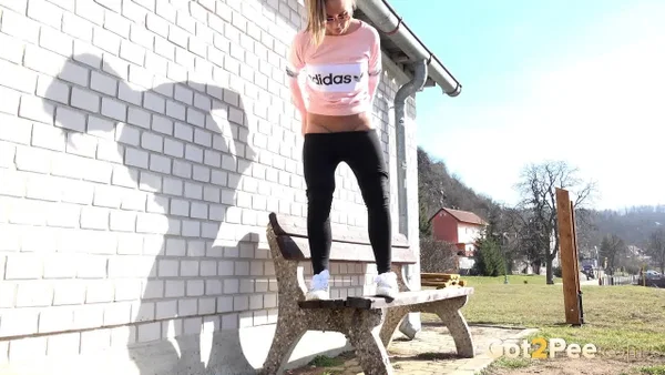 Solo girl Naomi Bennet pisses on a public bench in the middle of the day  - Pissing, Public, Czech, Pussy, Glasses, Outdoor, Blonde, Spreading, Close Up, Babe  - Photo 14
