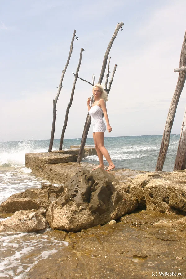 Natural blonde Ines Cudna sports a no panty upskirt before baring her hooters  - Beach, MILF, Outdoor, Skirt, Blonde, Big Tits, European, Babe, Natural Tits, Pussy  - Photo 1