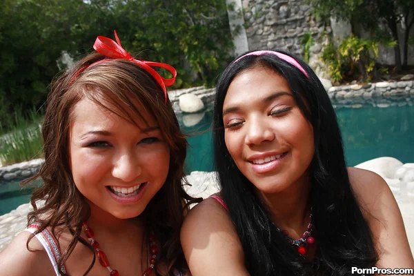 Asian lesbian teens reveal amazing butts and big boobs playing near a pool  - Reality, Lesbian, Outdoor, Teen, Asian, Panties, Humping, Ass, Socks, Pool  - Photo 1