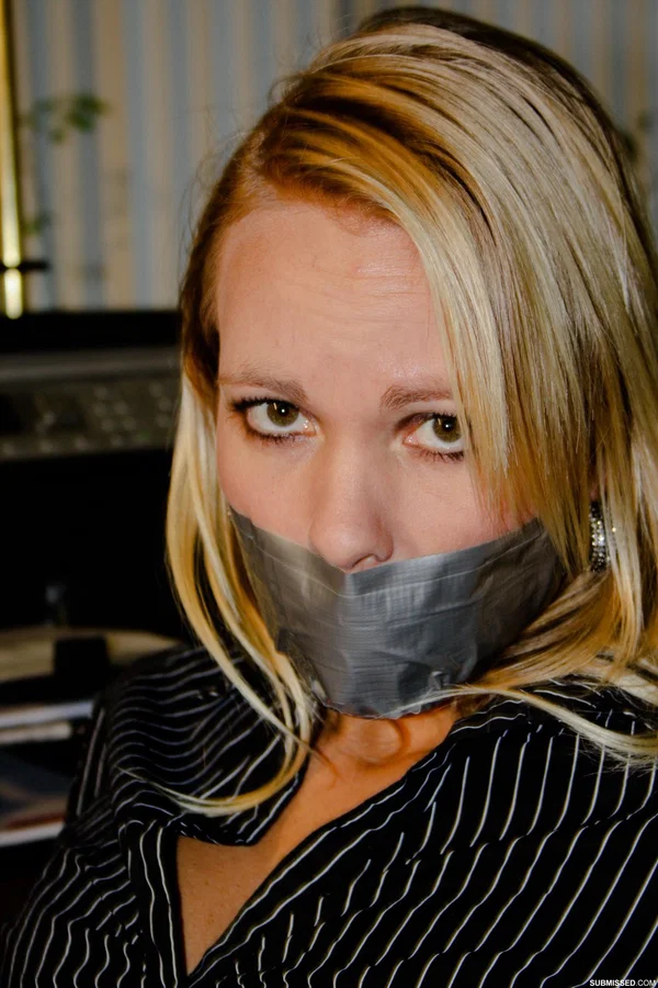 Curvy blonde secretary Natalie posing bound to a chair at the office  - Secretary, Bondage, Uniform, Office, Skirt, BDSM, Amateur, High Heels, Non Nude, Legs  - Photo 18