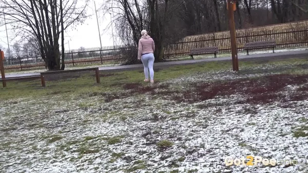 Blonde girl Licky Lex takes a pee on a snow-covered slide at a park  - Public, Pissing, Jeans, Beautiful, Czech, Pussy, Babe, Outdoor, Spreading, Close Up  - Photo 15