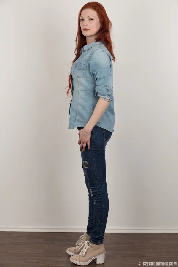 Amateur girl with long red hair takes a seat after standing naked  - Czech, Casting, Redhead, Amateur, Jeans, Big Tits, European, Pornstar, Nipples, Close Up  - Photo 3