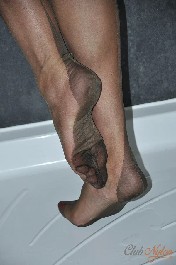 Solo model Nylon Jane models sheer lingerie and nylons in a shower stall  - Cougar, Shower, MILF, Stockings, Lingerie, Panties, Big Tits, Wet, Brunette, Ass  - Photo 4