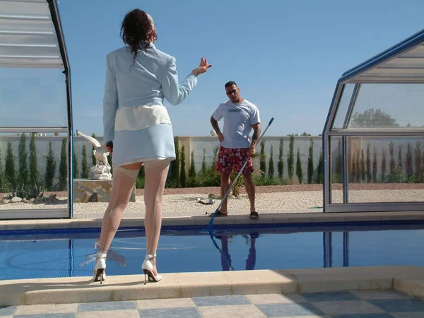 Mature fetish babe in sunglasses giving a blowjob and stripping outdoor  - Mature, Fetish, Glasses, Outdoor, Stockings, Reality, Pool, Blowjob, Panties, Skirt  - Photo 4
