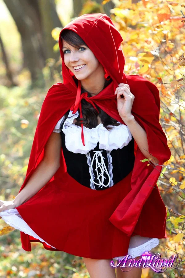 Sweet teen Andi Land frees her tits and twat from a Red Riding Hood outfit  - Cosplay, Pigtails, Undressing, Panties, Skirt, Amateur, Beautiful, Outdoor, Clothed, Skinny  - Photo 1